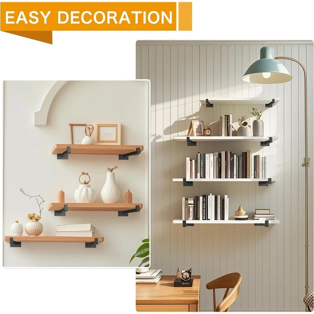 EZYDECOR 6 Inch Black Industrial Shelf Brackets Wall Mounted Metal 6 Pack